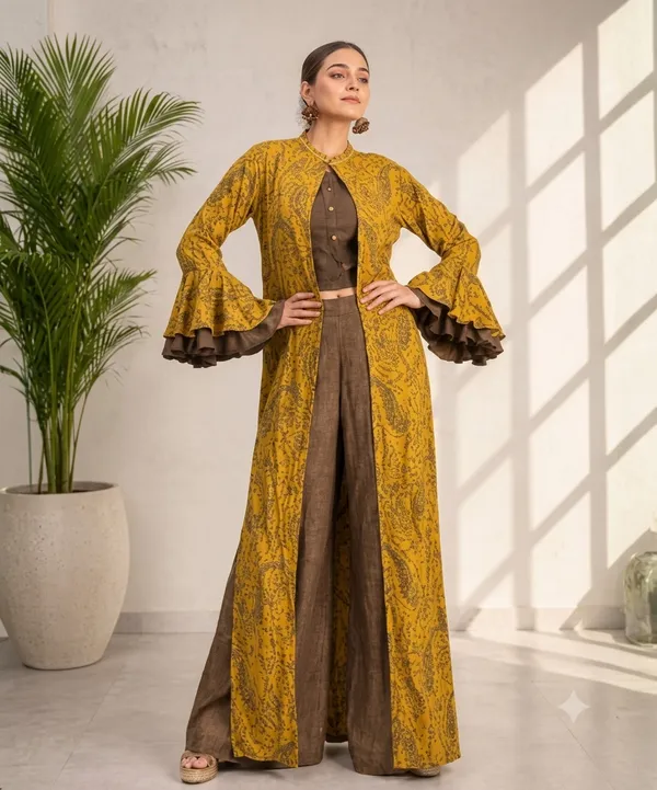 Mustard_Rayon_Printed_Layered_Kurta_Set_For_Women