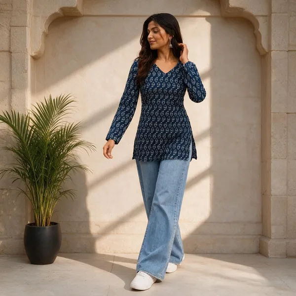 Blue_Cotton_Printed_Straight_Kurti_For_Women