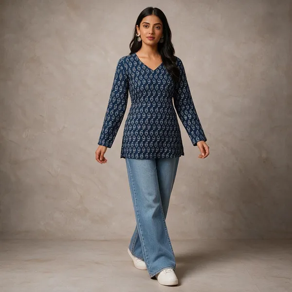 Blue_Cotton_Printed_Straight_Kurti_For_Women