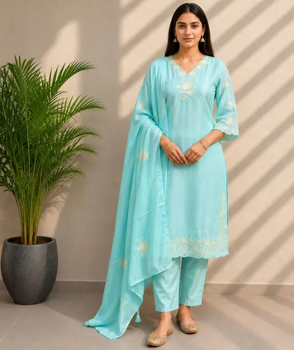 Aqua_Chinon_Embroidered_Kurta_Pant_Dupatta_Set_For_Women