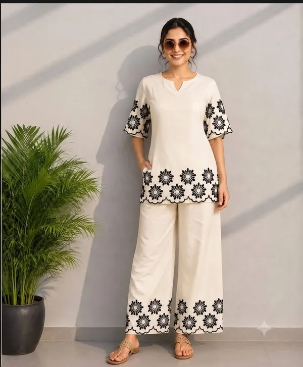 Cream_Khadi_Cotton_Embroidered_Kurta_Palazzo_Set_For_Women