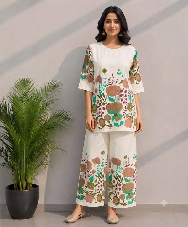 White_Khadi_Cotton_Floral_Print_Kurta_Set_For_Women