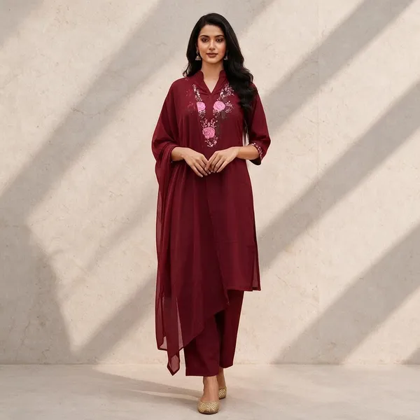 Maroon_Rayon_Embroidered_Kurta_Set_For_Women