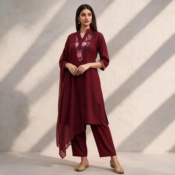 Maroon_Rayon_Embroidered_Kurta_Set_For_Women