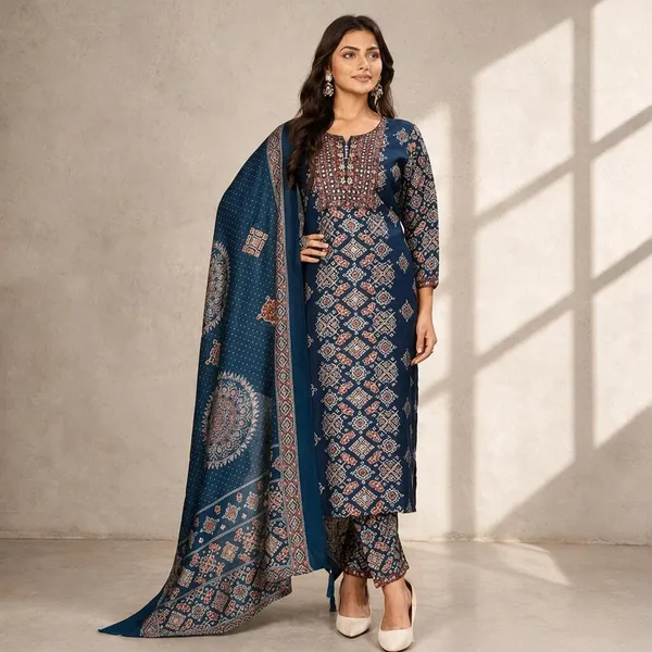 Blue_Chanderi_Silk_Printed_Straight_Kurta_Set_For_Women