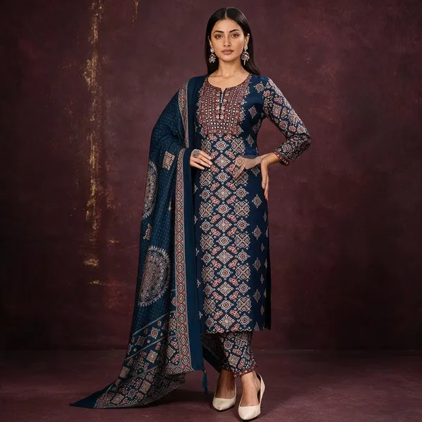 Blue_Chanderi_Silk_Printed_Straight_Kurta_Set_For_Women
