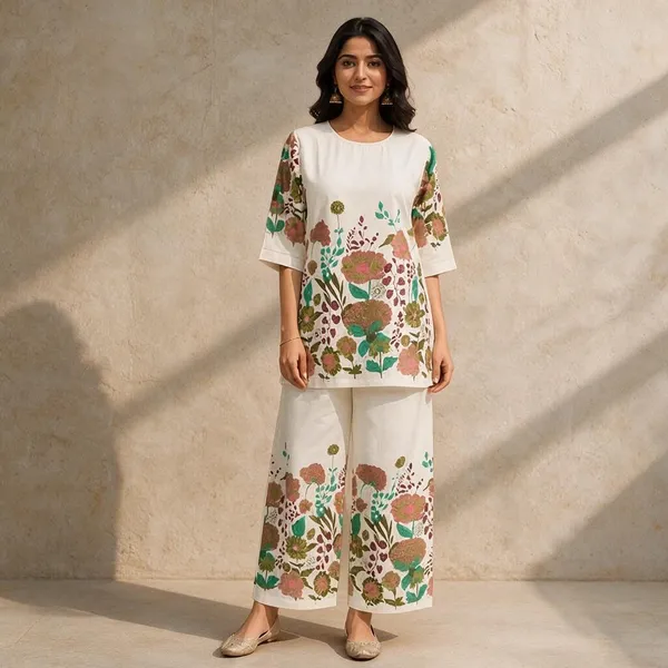 White_Khadi_Cotton_Floral_Print_Kurta_Set_For_Women