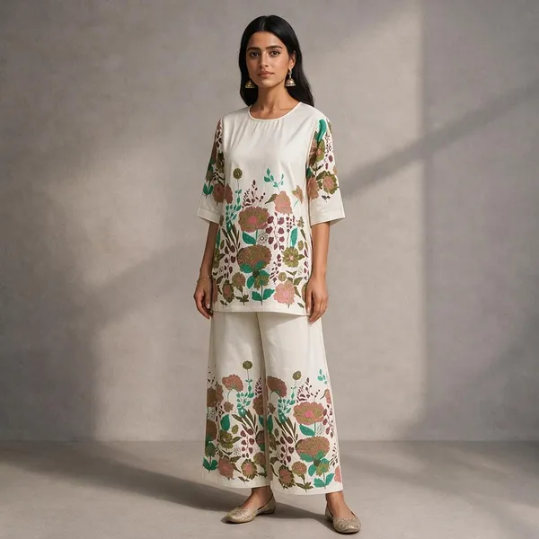 White_Khadi_Cotton_Floral_Print_Kurta_Set_For_Women