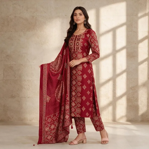 Red_Chanderi_Silk_Printed_Straight_Kurta_Set_For_Women