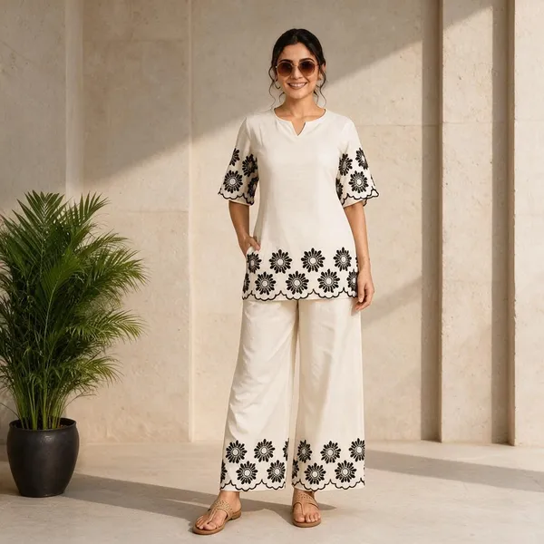 Cream_Khadi_Cotton_Embroidered_Kurta_Palazzo_Set_For_Women