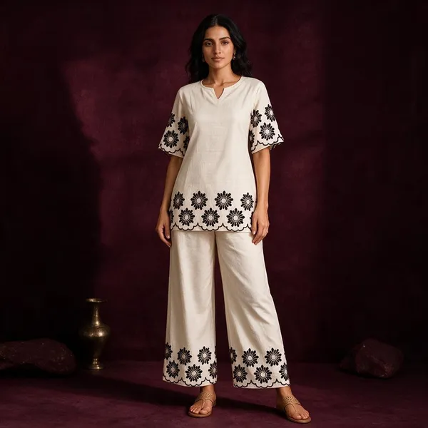 Cream_Khadi_Cotton_Embroidered_Kurta_Palazzo_Set_For_Women
