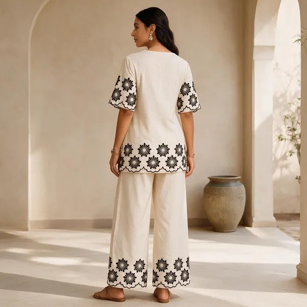 Cream_Khadi_Cotton_Embroidered_Kurta_Palazzo_Set_For_Women