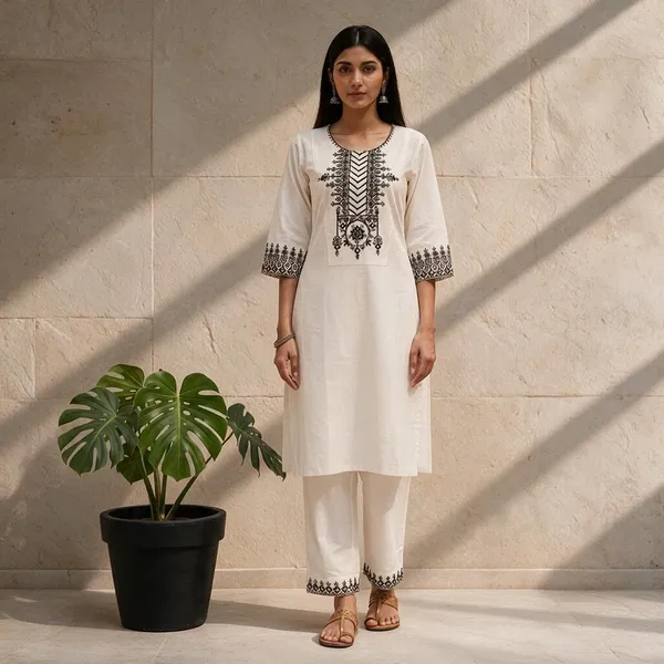 Off_White_Khadi_Cotton_Printed_Straight_Kurta_Set_For_Women