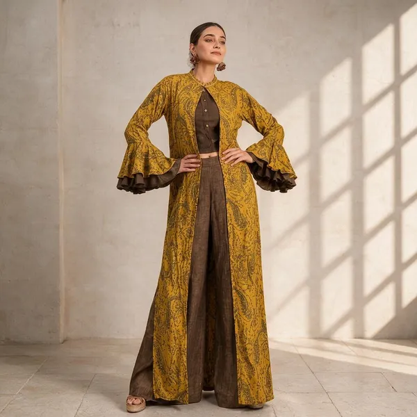 Mustard_Rayon_Printed_Layered_Kurta_Set_For_Women