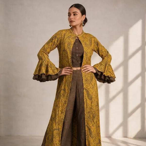 Mustard_Rayon_Printed_Layered_Kurta_Set_For_Women