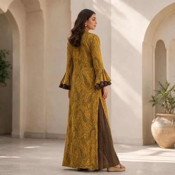 Mustard_Rayon_Printed_Layered_Kurta_Set_For_Women