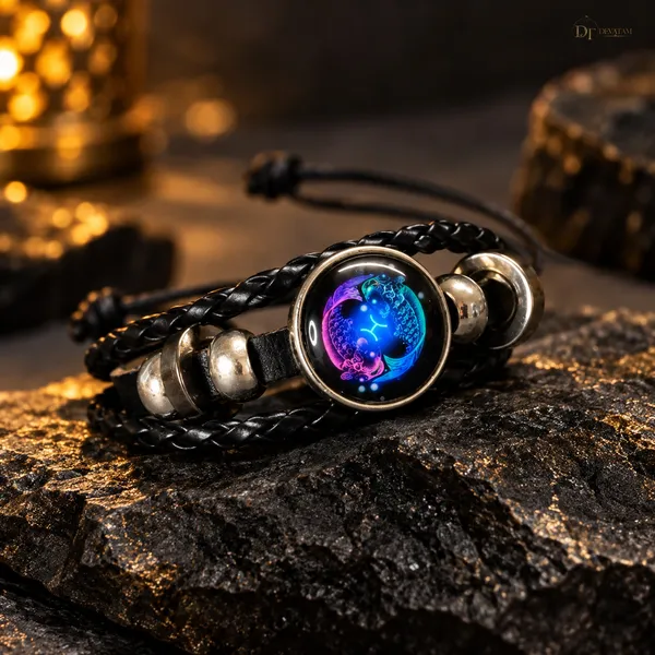 Black_Leather_Pisces_Zodiac_Bracelet_For_Unisex