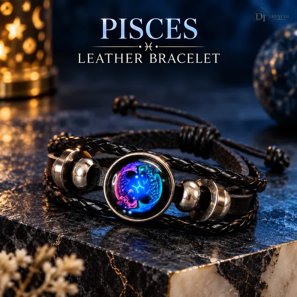 Black_Leather_Pisces_Zodiac_Bracelet_For_Unisex