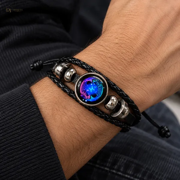 Black_Leather_Pisces_Zodiac_Bracelet_For_Unisex