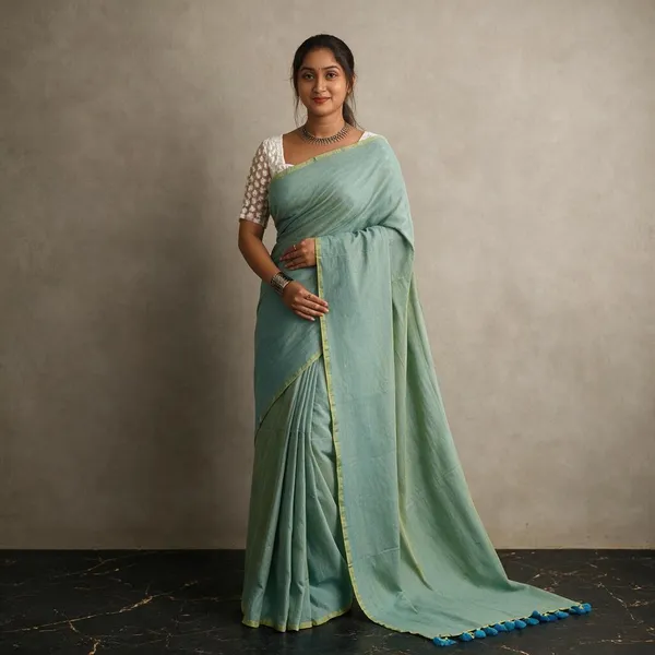 Mint_Green_Masrise_Cotton_Solid_Tassel_Border_Saree_For_Women