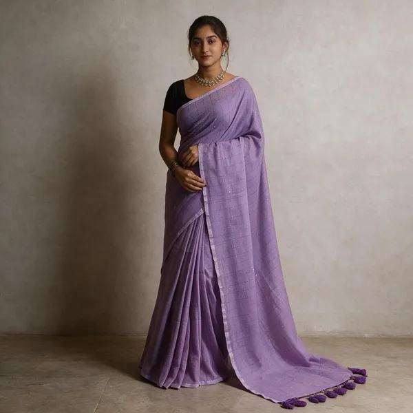Lavender_Masrise_Cotton_Checked_Saree_For_Women