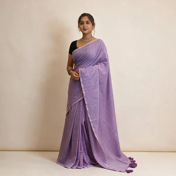 Lavender_Masrise_Cotton_Checked_Saree_For_Women
