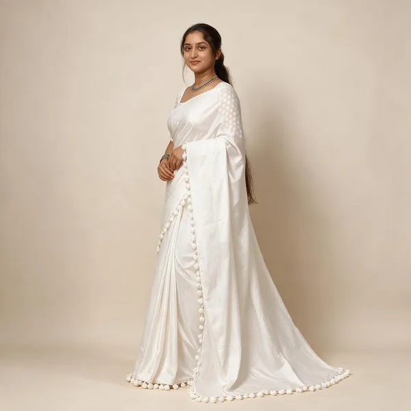 White_Masrise_Cotton_Plain_Tassel_Border_Saree_For_Women
