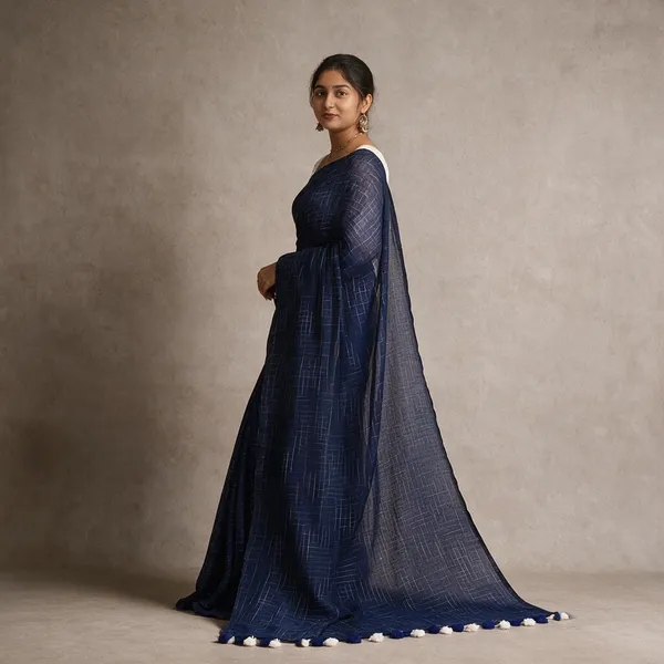 Navy_Blue_Masrise_Cotton_Checked_Saree_For_Women