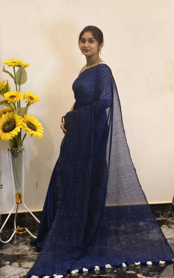Navy_Blue_Masrise_Cotton_Checked_Saree_For_Women