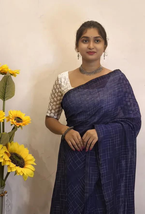 Navy_Blue_Masrise_Cotton_Checked_Saree_For_Women