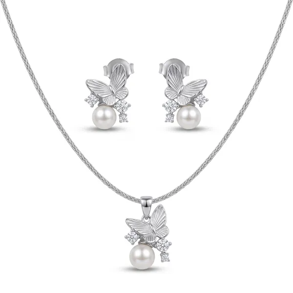 Silver_Butterfly_Pearl_Necklace_And_Earrings_Set_for_Women