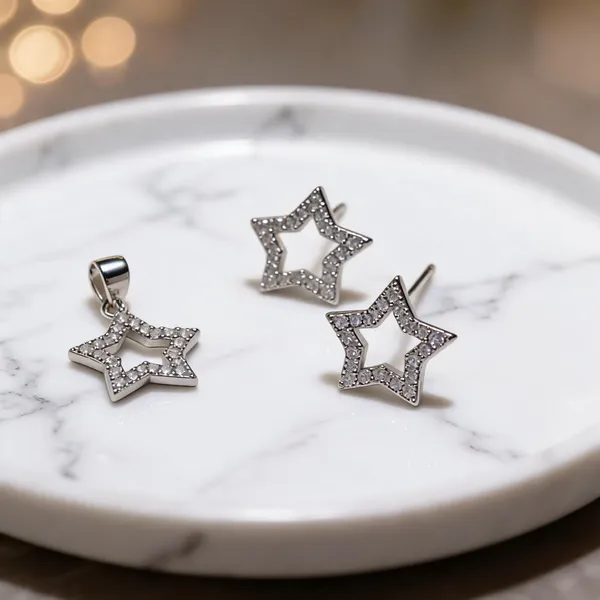 925_Silver_Sparkling_Stars_Earrings_&_Pendant_Set_For_Women