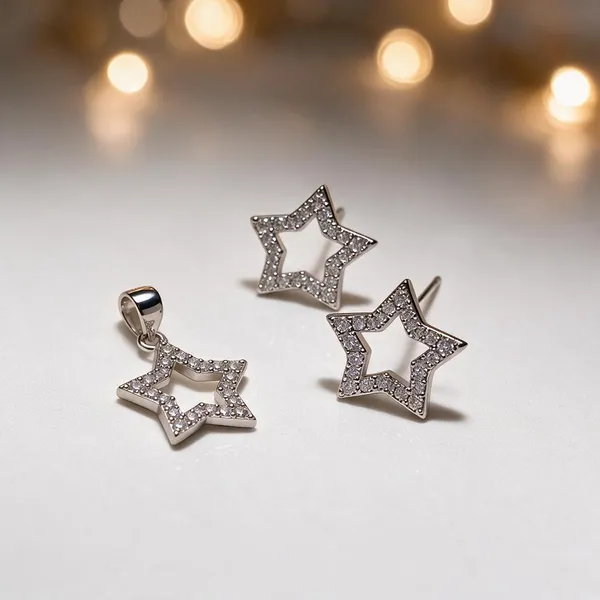 925_Silver_Sparkling_Stars_Earrings_&_Pendant_Set_For_Women