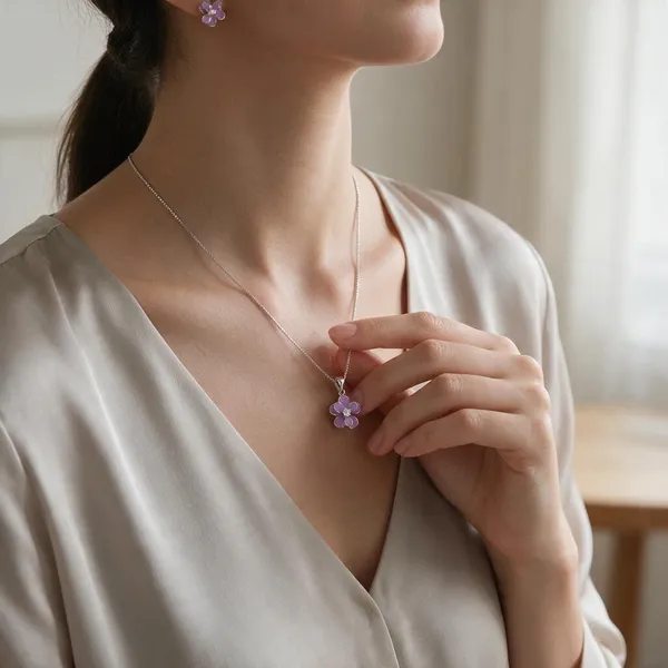 Silver_Tone_Purple_Flower_Necklace_And_Earring_Set