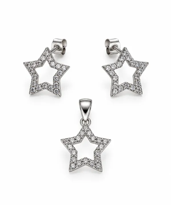 925_Silver_Sparkling_Stars_Earrings_&_Pendant_Set_For_Women