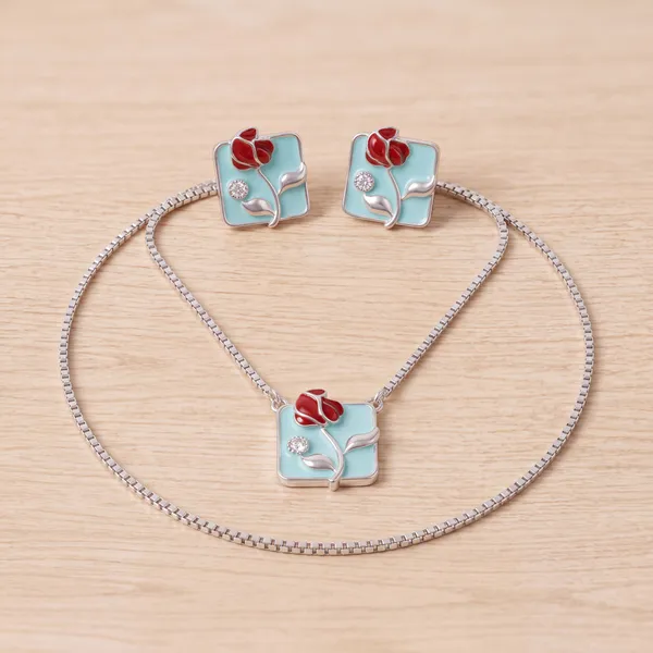 Silver_Tone_Floral_Necklace_And_Earrings_Set_For_Women