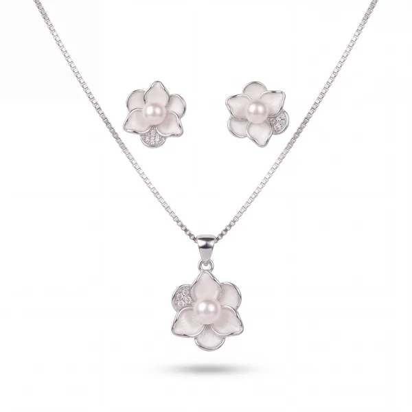 Silver_Tone_Floral_Pearl_Necklace_And_Earrings_Set