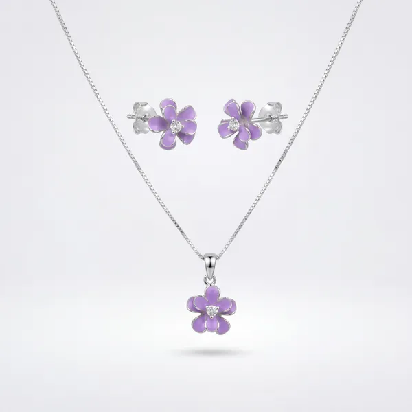 Silver_Tone_Purple_Flower_Necklace_And_Earring_Set