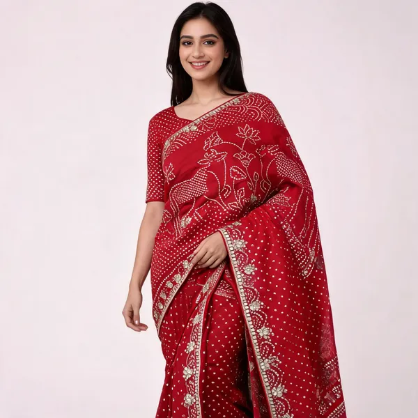 Red_Bandhani_Embellished_Saree_For_Women