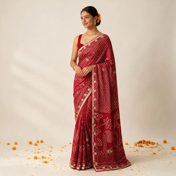 Red_Bandhani_Embellished_Saree_For_Women