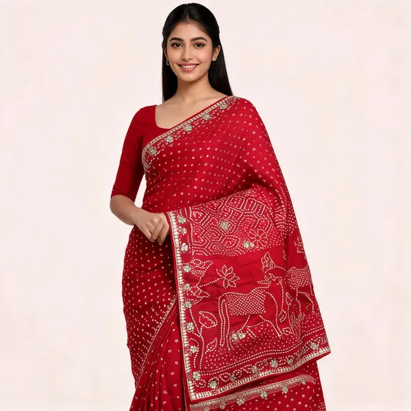Red_Bandhani_Embellished_Saree_For_Women