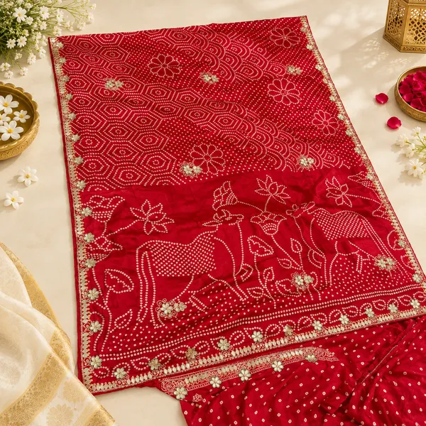 Red_Bandhani_Embellished_Saree_For_Women