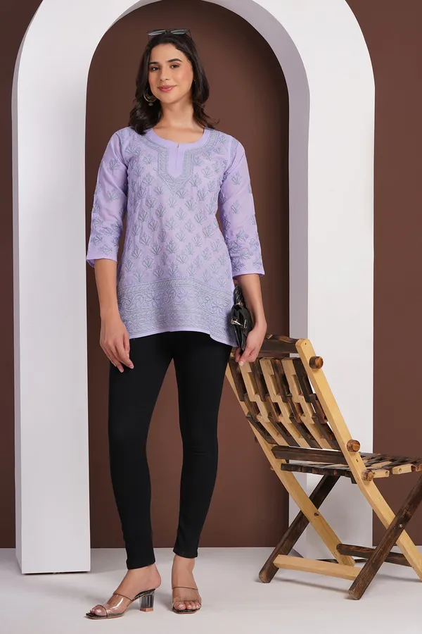 Lavender_Hand_Embroidered_Chikan_Cotton_Top_With_Contrast_Thread_Work