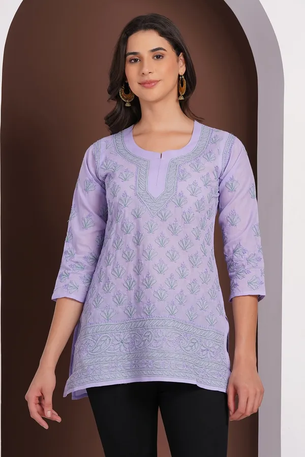 Lavender_Hand_Embroidered_Chikan_Cotton_Top_With_Contrast_Thread_Work
