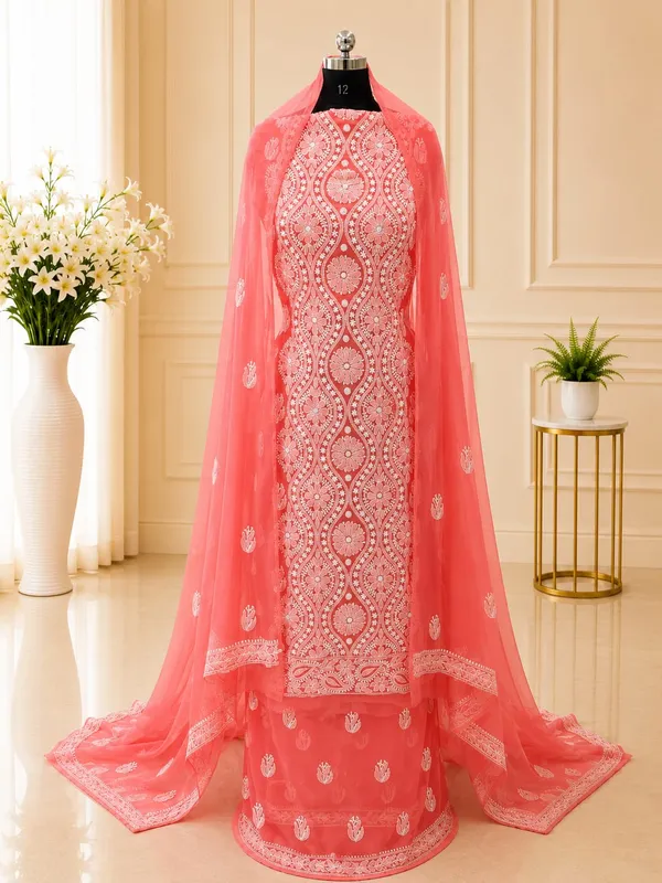 Coral_Pink_Hand_Crafted_Soft_Chiffon_Unstitched_Chikan_Suit_Set_In_Panel_Pattern