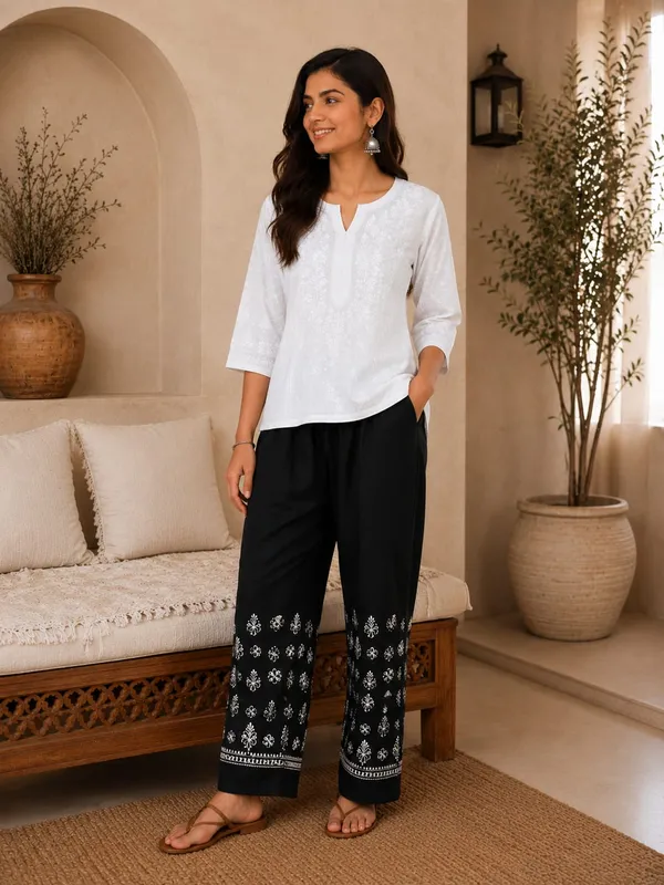 Black_Hand_Embroidered_Pure_Cotton_Chikankari_Black_Palazzo_With_White_Bakhiya_Fanda_Work