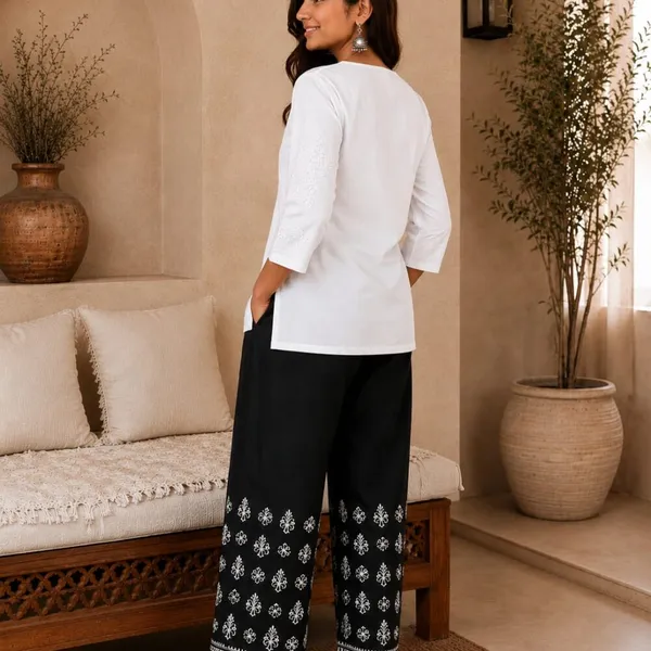 Black_Hand_Embroidered_Pure_Cotton_Chikankari_Black_Palazzo_With_White_Bakhiya_Fanda_Work