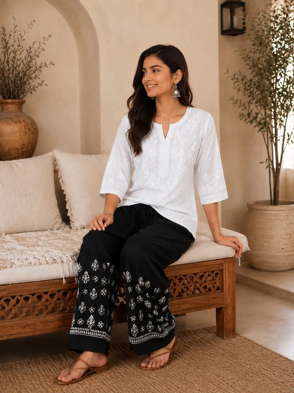 Black_Hand_Embroidered_Pure_Cotton_Chikankari_Black_Palazzo_With_White_Bakhiya_Fanda_Work