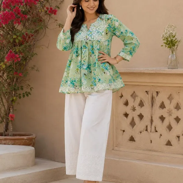 Mint_Green_Floral_Handcrafted_Lucknowi_Chikan_Cotton_Short_Top