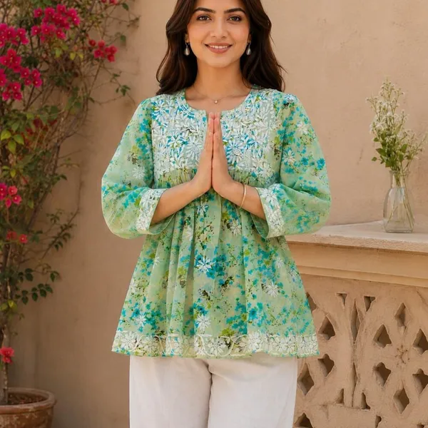 Mint_Green_Floral_Handcrafted_Lucknowi_Chikan_Cotton_Short_Top